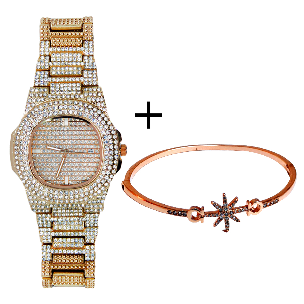 Pack Montre Cloutée En Or+ Bracelet