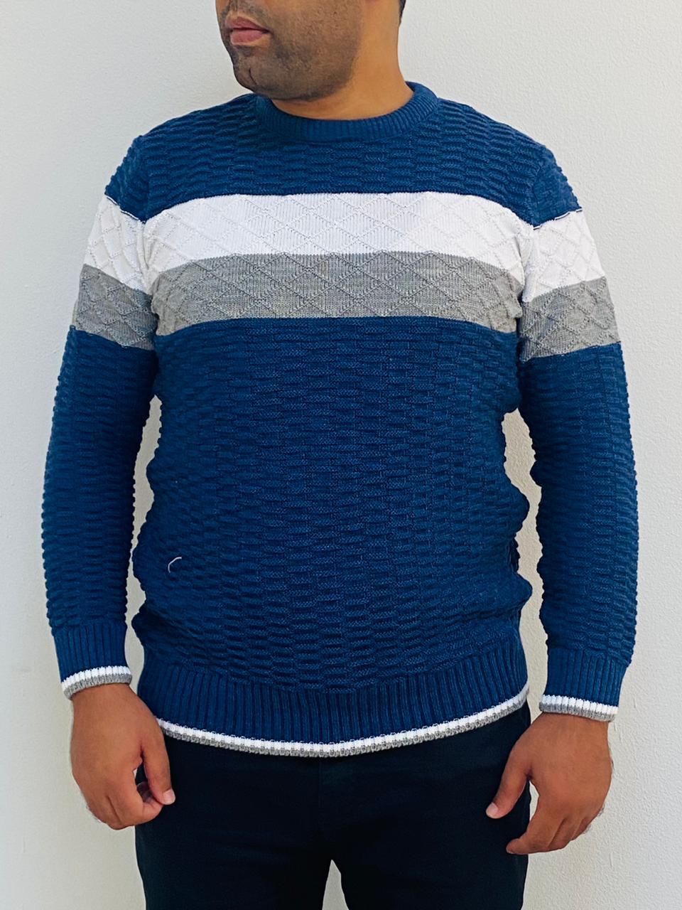 Pull Homme En Laine Bleu Rayé