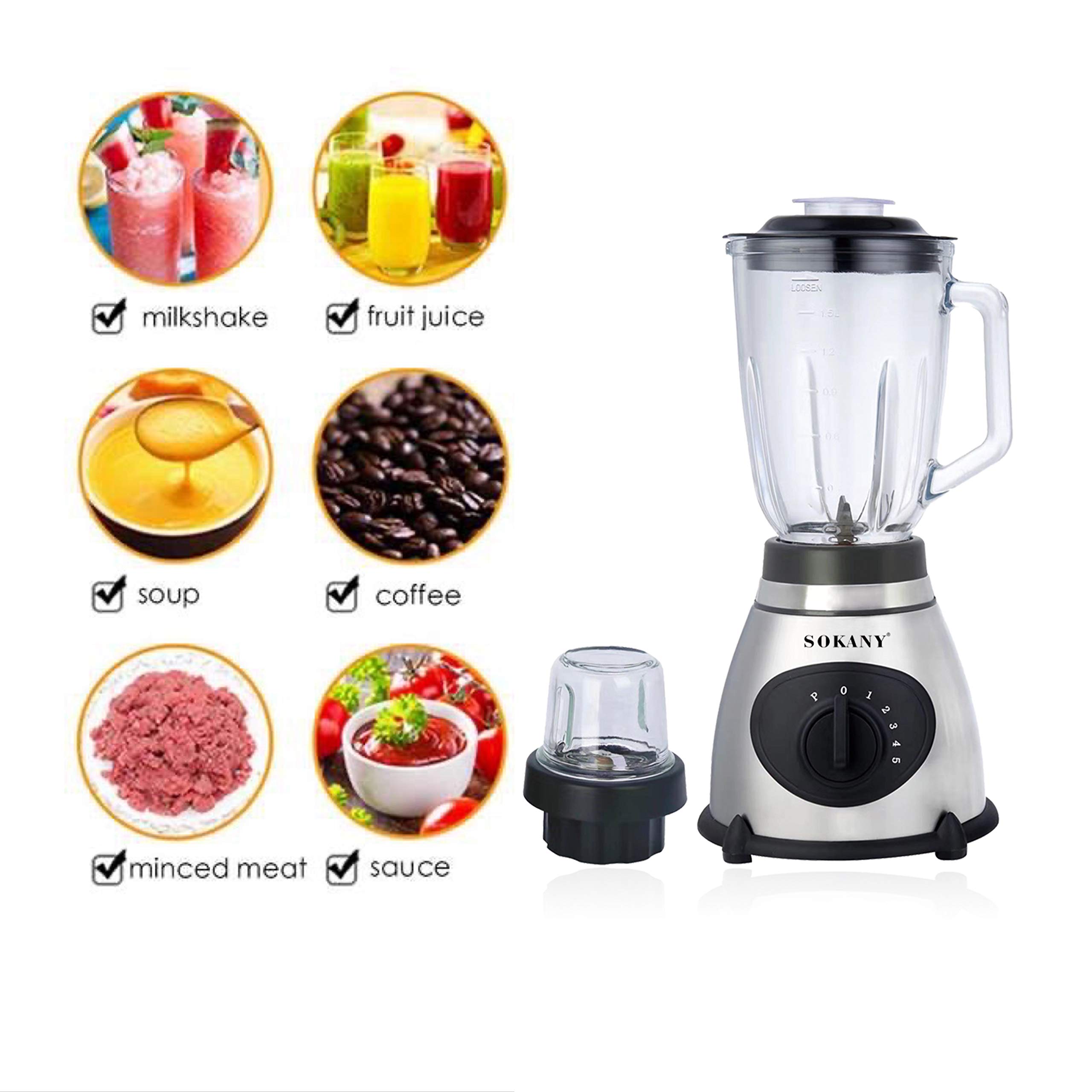 Sokany Blender Multi usage en Verre 1.5L - 450W - SK-144 - Inox