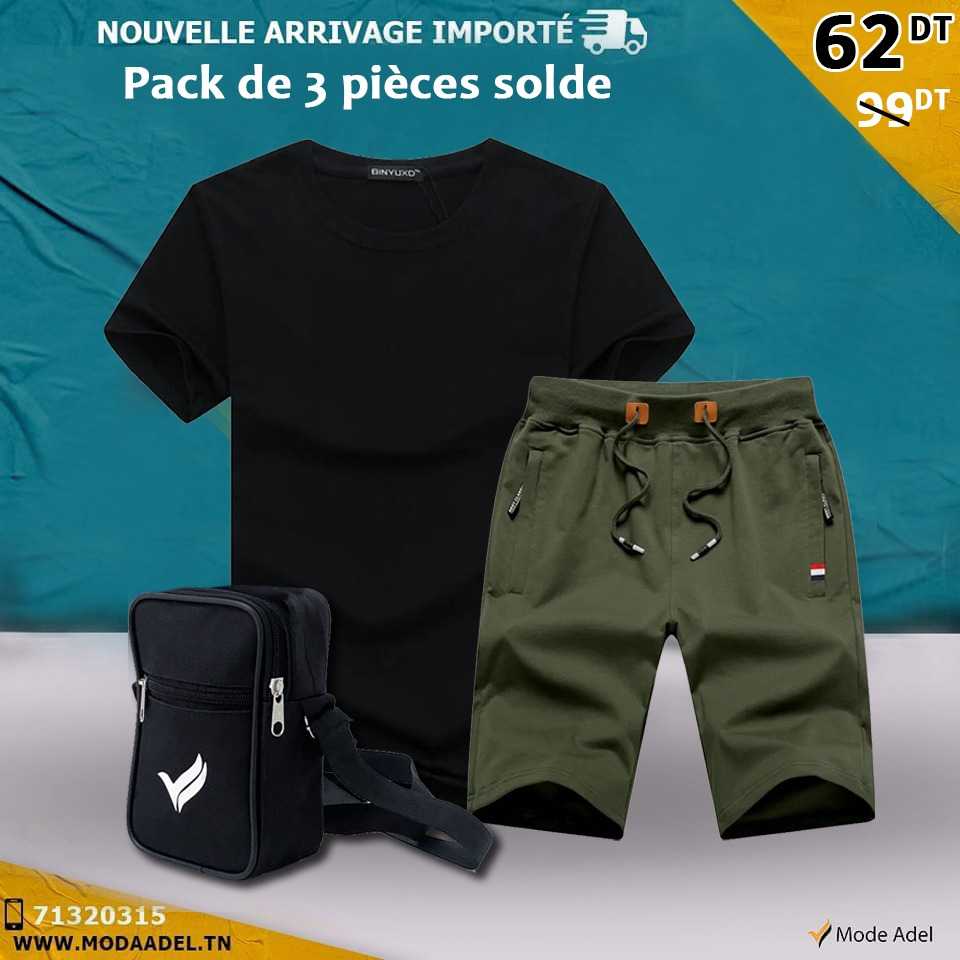  Pack Homme T-shirt Col Rond ,Short Jogging Et Sacoche