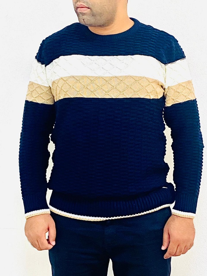 Pull Homme En Laine Bleu Rayé