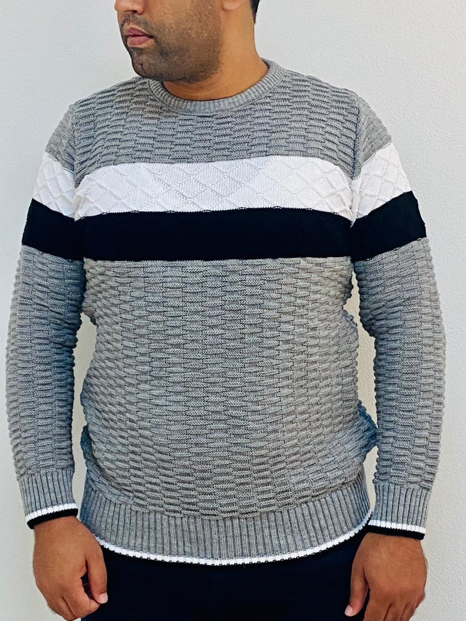 Pull Homme En Laine Gris  Rayé